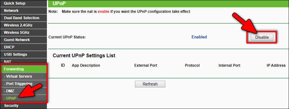 disable UPnP on router