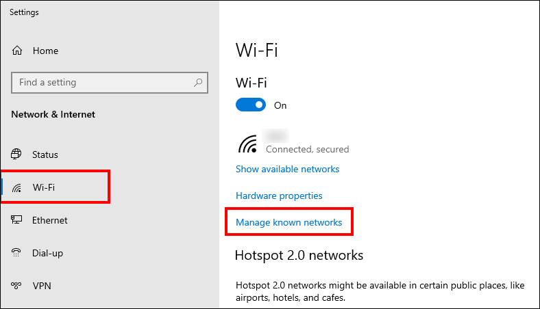manage known networks Windows 10