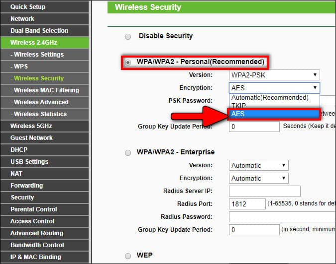 AES Encryption TP-Link router security settings
