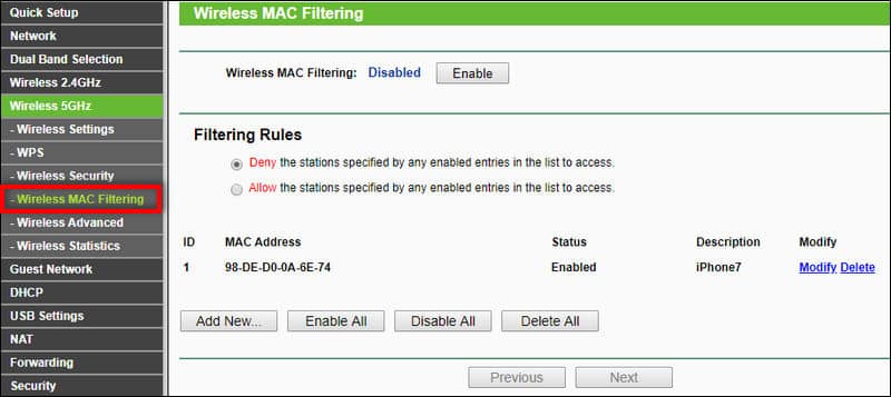 Mac Filtering on TP-Link router