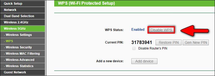 disable WPS for Wireless network